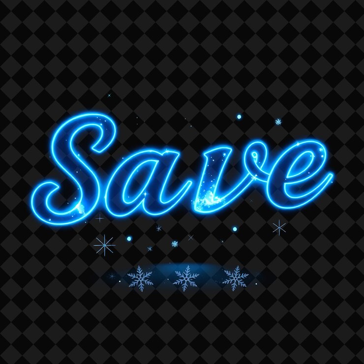 PSD glowing save text pulses con neon aquamarine y cool blue cuenta con globos de nieve digitales animados