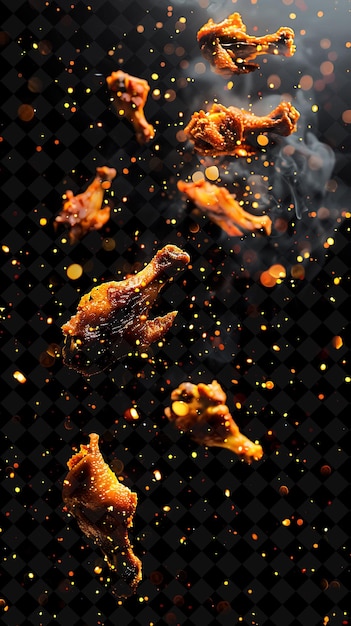 PSD glowing transparent fried chicken wings scattered and flying neon color food drink y2k collection (as asas de frango fritas transparentes brilhantes espalhadas e voadoras)