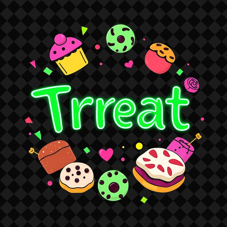 PSD glowing treat texto en verde neón rodeado de deliciosas golosinas un png inspirado en el neón decoración de alimentos