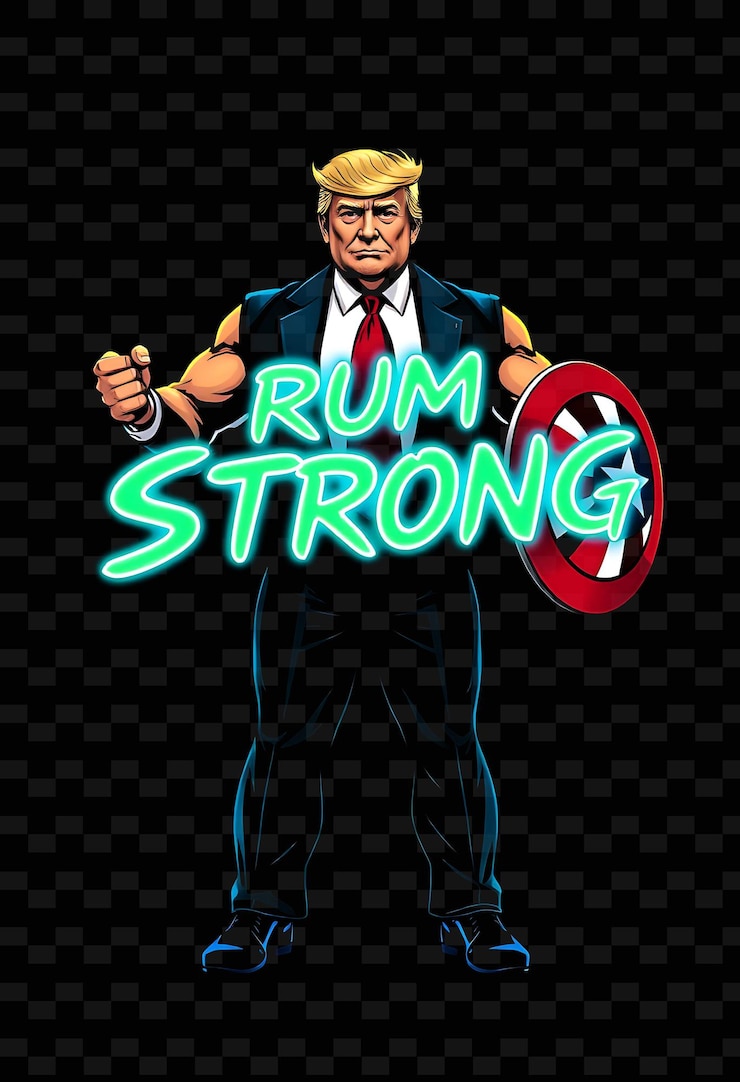 PSD glowing trump fuerte pulso de texto con neon lime y azul intenso trump como un superhéroe musculoso stan