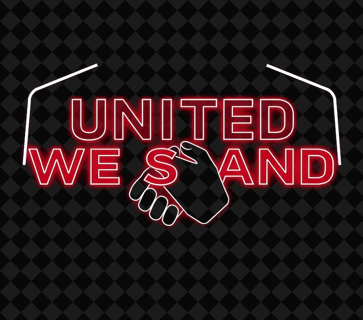 PSD glowing united we stand pulses di testo con neon vibrant crimson e pure red pixel miscelazione perfetta