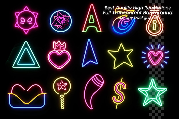 PSD glowing vegas casino neon slot icons on transparent canvas