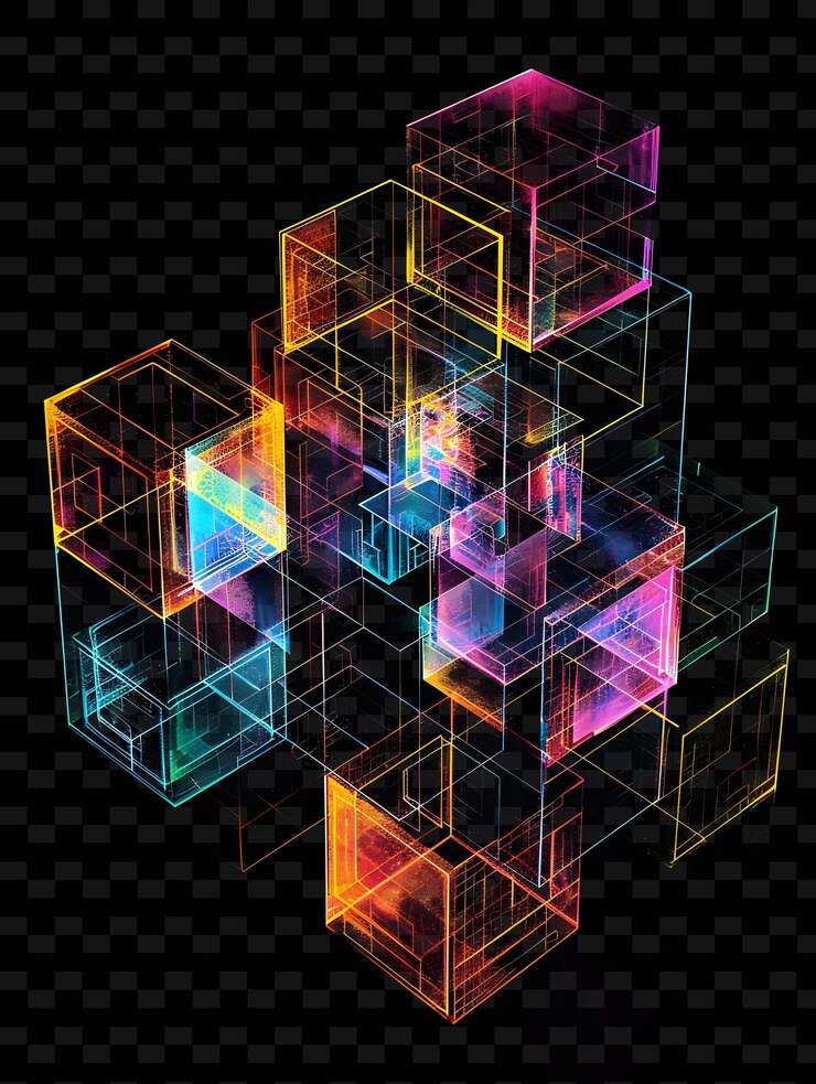 PSD glowing wireframe cubes interlocking wireframe collage textu y2k texture shape background decor art