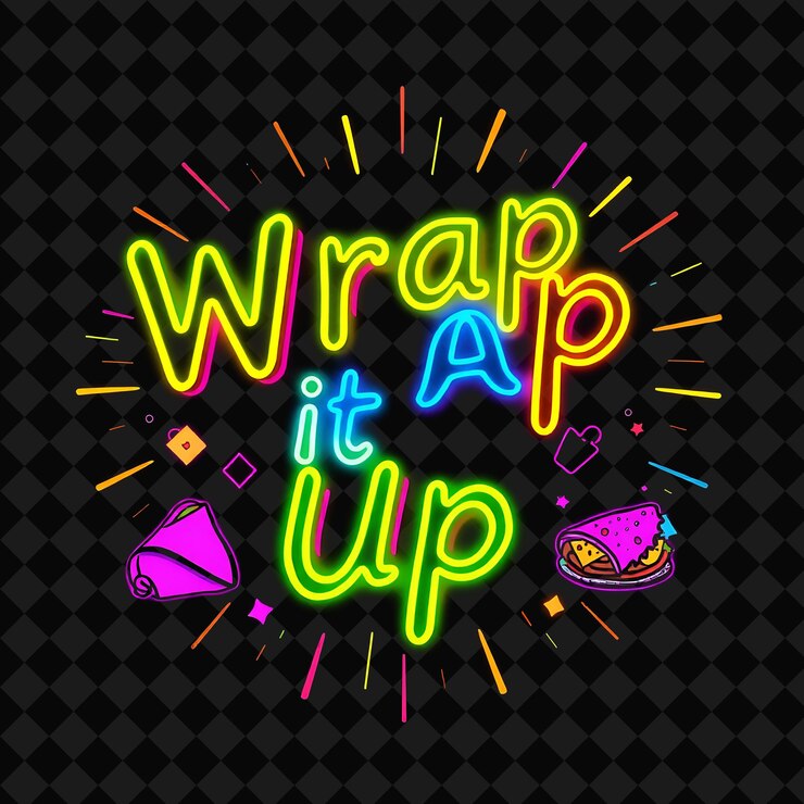 PSD glowing wrap it up el texto se irradia con neón multicolor decorado en w png inspirado en el neón decorativo de alimentos