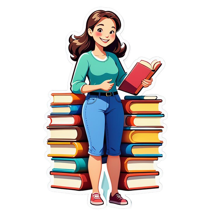 PSD glückliche dame stand mit büchern für das studium sticker decal