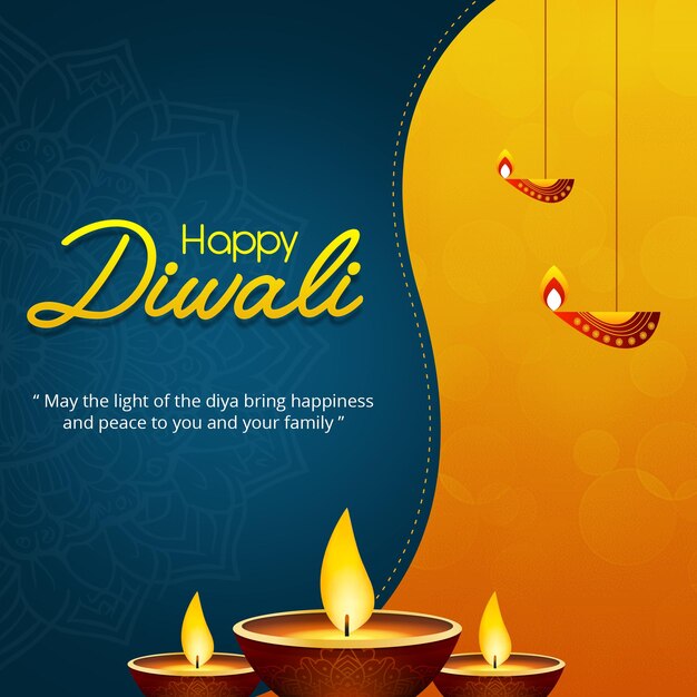 PSD glückliche diwali-grüßkarte mit diya und text