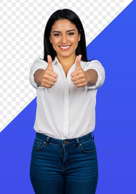 Glückliche Frau, die Daumen hochgibt