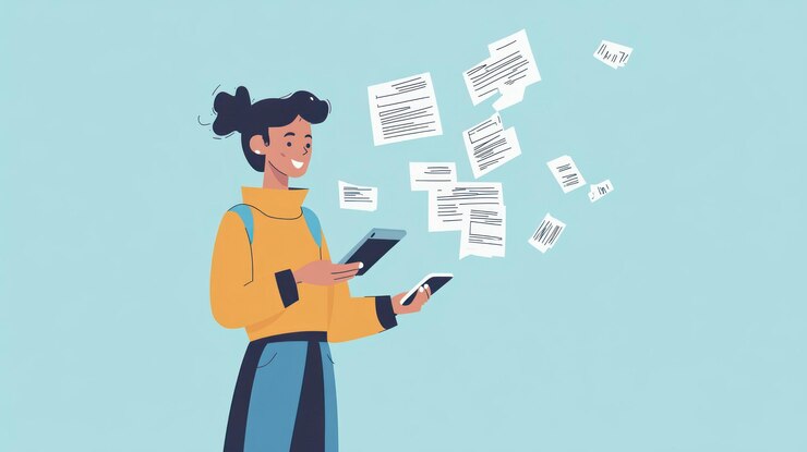 PSD glückliche frau, die dokumente auf digitalen geräten verwaltet
