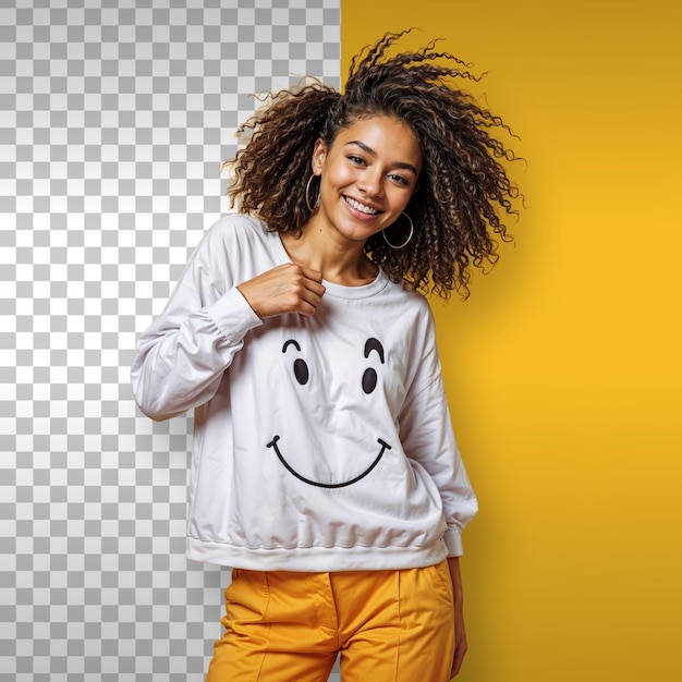 Glückliche Frau mit einem Smiley-Sweatshirt Hintergrund Transparent