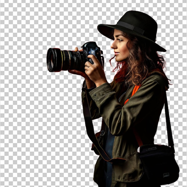 Glückliche Frau mit Kamera, die im Innenraum fotografiert