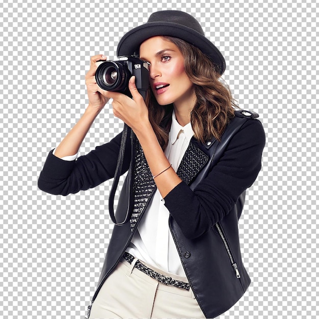 Glückliche Frau mit Kamera, die im Innenraum fotografiert