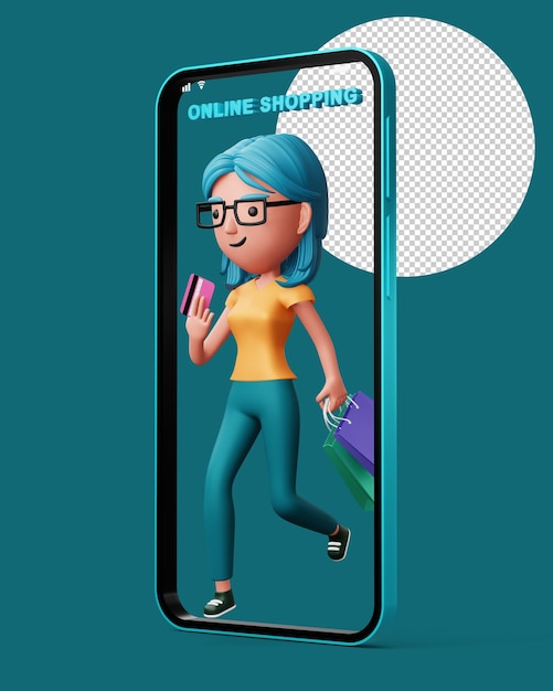 Glückliche Frauen mit Telefon Einfaches Online-Shopping 3D-Rendering