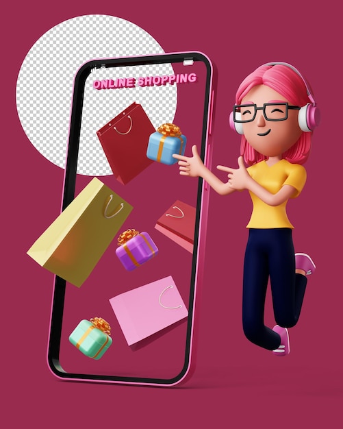 Glückliche Frauen mit Telefon Einfaches Online-Shopping 3D-Rendering