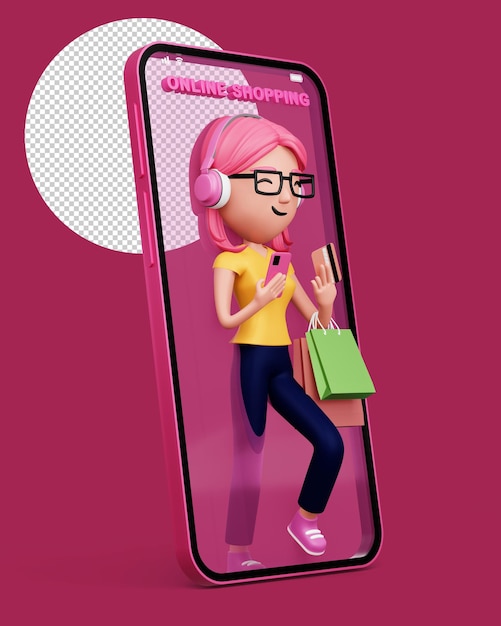 Glückliche Frauen mit Telefon Einfaches Online-Shopping 3D-Rendering
