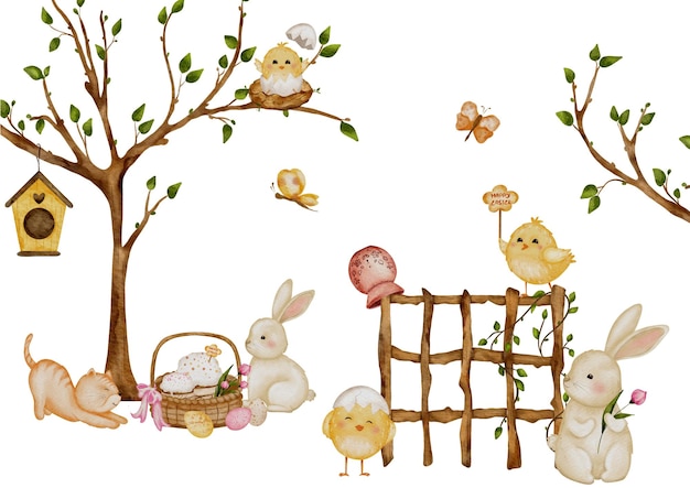 Glückliche Gartentiere Ostern Huhn Katze und Kaninchen Digitales Papier Design