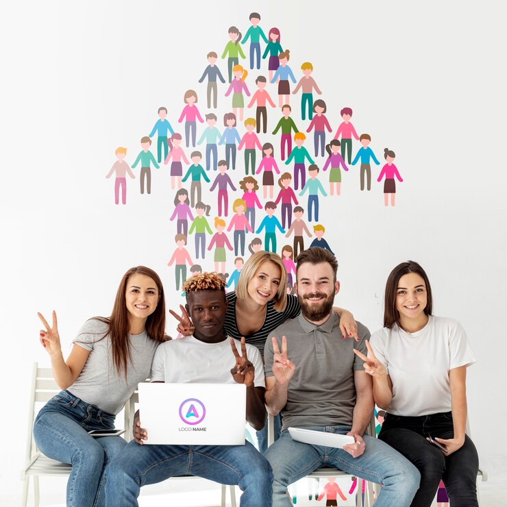 PSD glückliche gruppe freunde, die zusammen wachsen