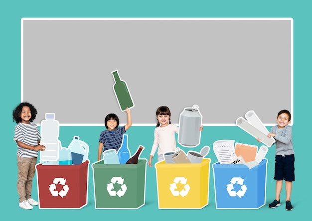 Glückliche kinder sammeln müll für das recycling