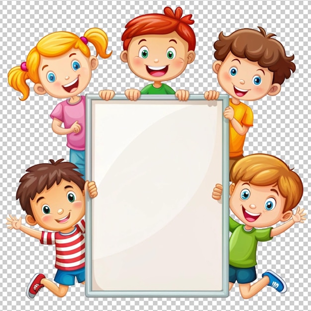 glückliche Kinder spielen um die leere Tafel schön
