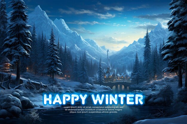 PSD glückliche winterbannervorlage mit magischer winterszene mit einem breitbildschirm