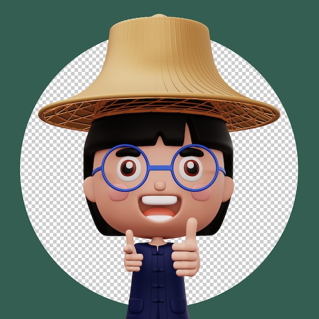 Glücklicher asiatischer bauer mit mauhom-hemd und bambushut, daumen hoch, 3d-darstellung
