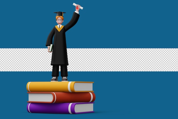 Glücklicher graduierter Mann mit Diplom und farbenfrohem Buch 3D-Rendering