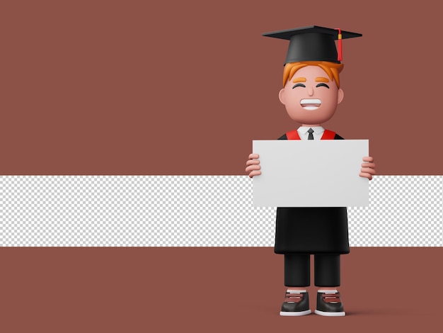 Glücklicher Graduierungsjunge hält Buch und Diplom 3D-Rendering