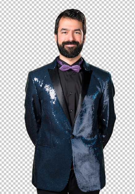 Glücklicher gutaussehender Mann mit Paillettenjacke