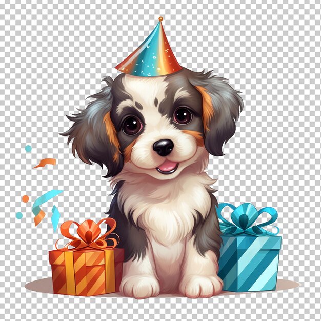 PSD glücklicher hund mit geschenk und knochen-themen-geburtstagsparty-hut isolierte tierillustration auf durchsichtigem hintergrund