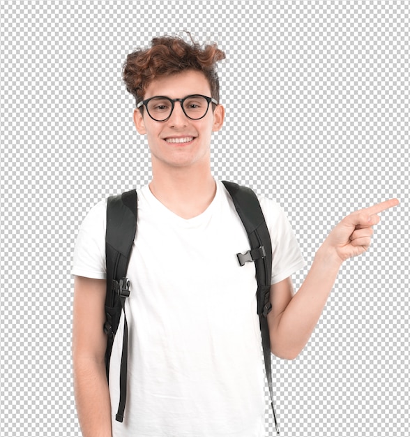 Glücklicher junger Student, der mit seiner Hand zeigt