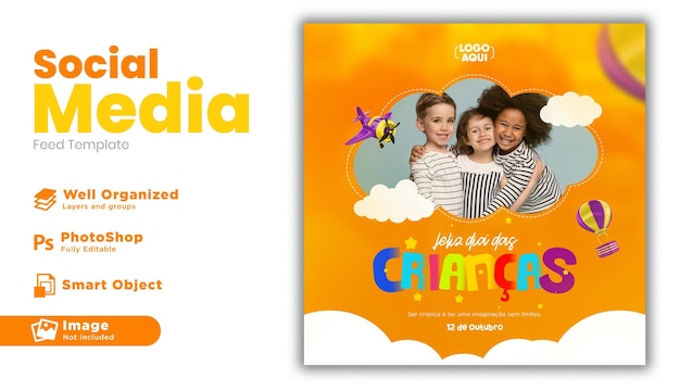 PSD glücklicher kindertag post social media für marketingkampagne in brasilien auf portugiesisch