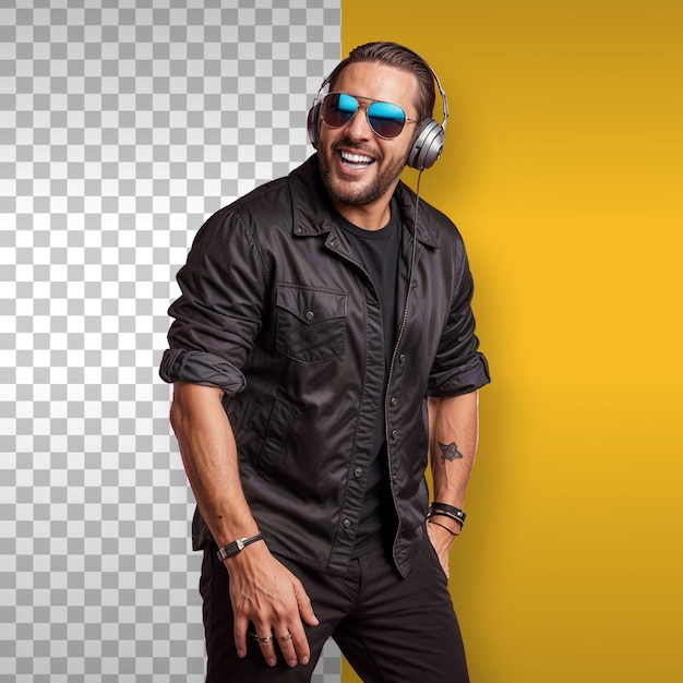 Glücklicher Mann mit Sonnenbrille und Kopfhörern lächelnd Hintergrund durchsichtig