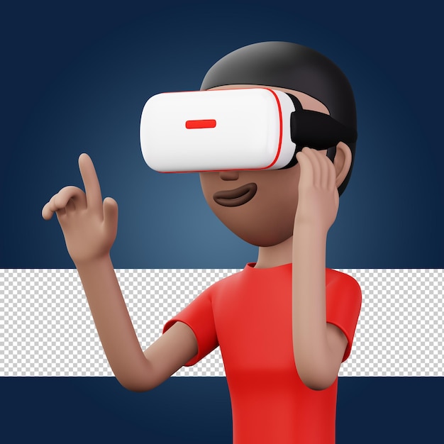 Glücklicher mann mit virtual-reality-headset niedliche zeichentrickfigur mit vr-3d-rendering