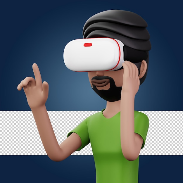 Glücklicher Mann mit Virtual-Reality-Headset Niedliche Zeichentrickfigur mit VR-3D-Rendering