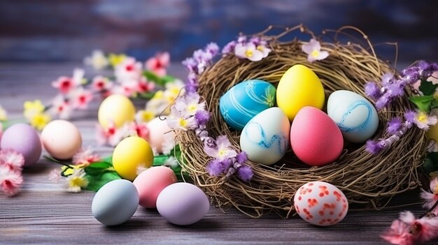 PSD glücklicher oster-dekoration hintergrund farbenfrohe oster-eier mit hintergrund ostertag