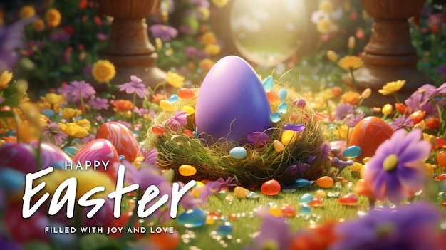 PSD glücklicher ostertag-design mit farbenfrohen realistischen eiern und süßem kaninchen.