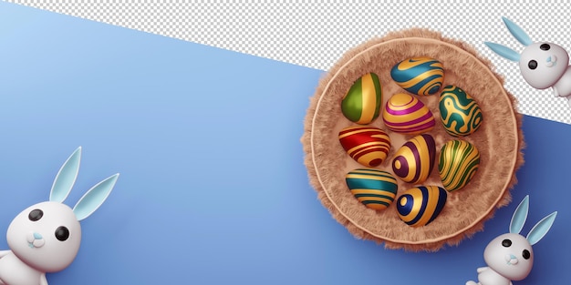 Glücklicher Ostertag mit niedlichem Hasen und bunten Eiern im 3D-Rendering