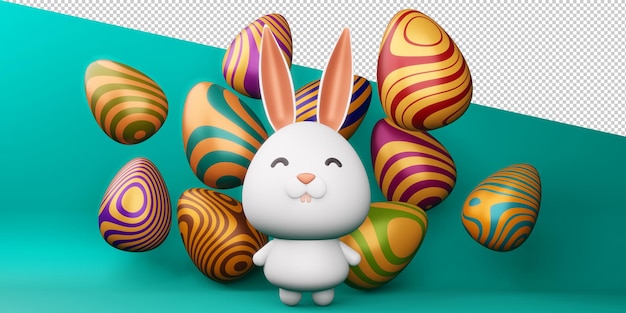 Glücklicher Ostertag niedlicher Hase mit buntem Ei 3d Rendering