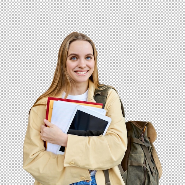 Glücklicher Schüler mit Büchern und Tablet bereit für die Ausbildung