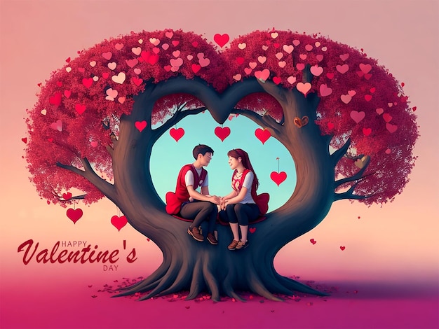 PSD glücklicher valentinstag mit einem romantischen paar auf dem herzbaum