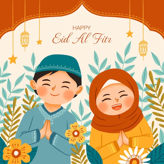 PSD glückliches eid al fitr mit niedlichem kindercharakter und floraler hintergrundillustration