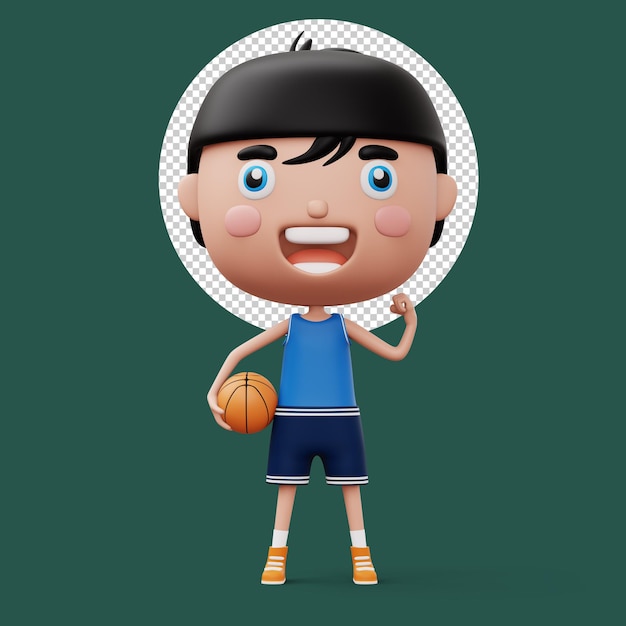 PSD glückliches kind mit basketballball, süßer junge, zeichentrickfigur, 3d-darstellung