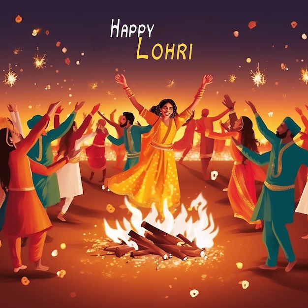 Glückliches lohri-festival von punjab indien hintergrundgruppe von leuten, die lohri tanzen