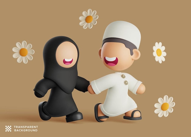 PSD glückliches muslimisches paar, das zusammen im 3d-cartoon-stil läuft
