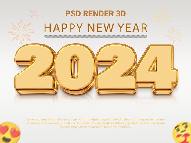 PSD glückliches neues jahr 2024 3d-poster oder banner-design mit stilfarbe gold