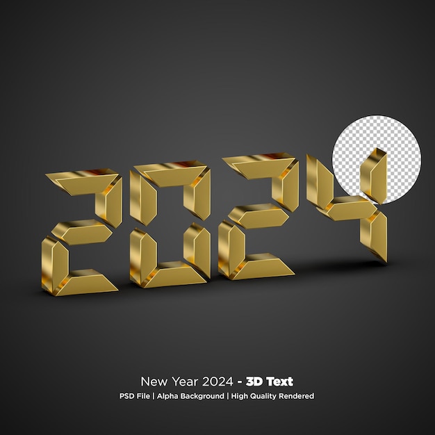 Glückliches Neujahr 2024 3D-Text mit durchsichtigem Hintergrund PSD