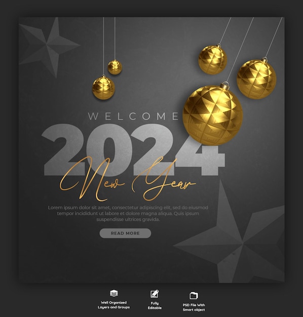 Glückliches Neujahr 2024 Feiern Social-Media-Post-Design oder Banner-Vorlage