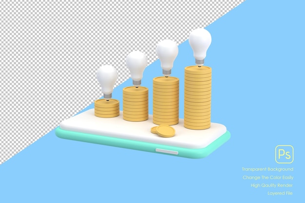 Glühbirnen der Münzen 3D auf einem Handykonzept des FinanzmanagementsxA