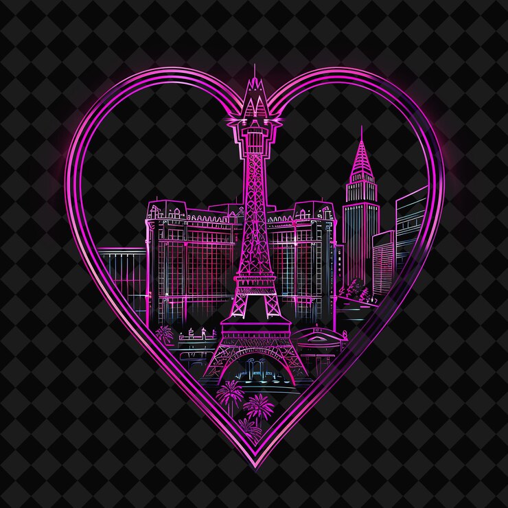 PSD glühende neon-skyline von las vegas in einer spatenform silhoue png y2k monoline cityscape collage art