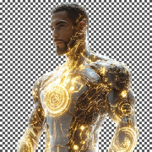Glühender Cyborg isoliert auf durchsichtigem Hintergrund