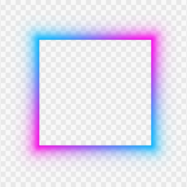 Glühender neonfarbener quadratischer Rahmenrand rosa-blaues Licht mit isoliertem Gradient auf durchsichtigem Hintergrund